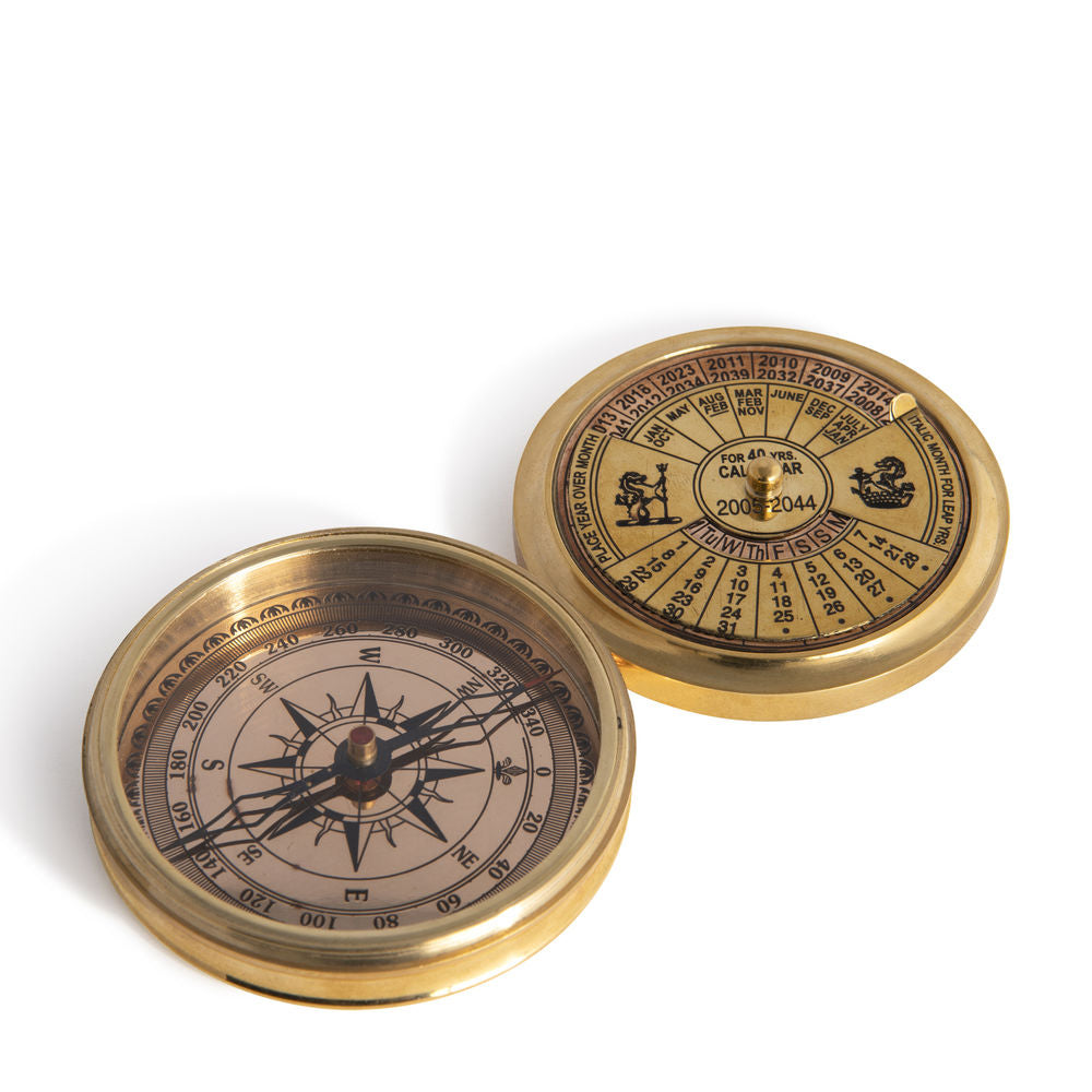 Gold 40 Year Calendar with navigational compass inside. - open view - Austin Gift Shop