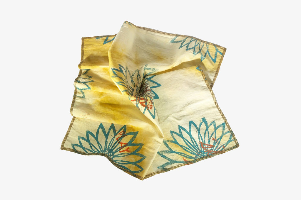 Block printed and hand dyed organic cotton bandana with yellow and green sunflower print - Austin Gift Shop