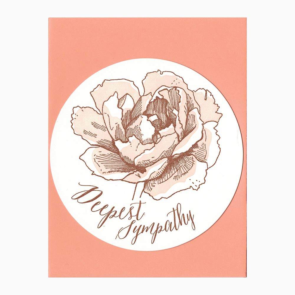 Circle card letterpress printed pink and red with a rose and deepest sympathy text- Austin Gift Shop