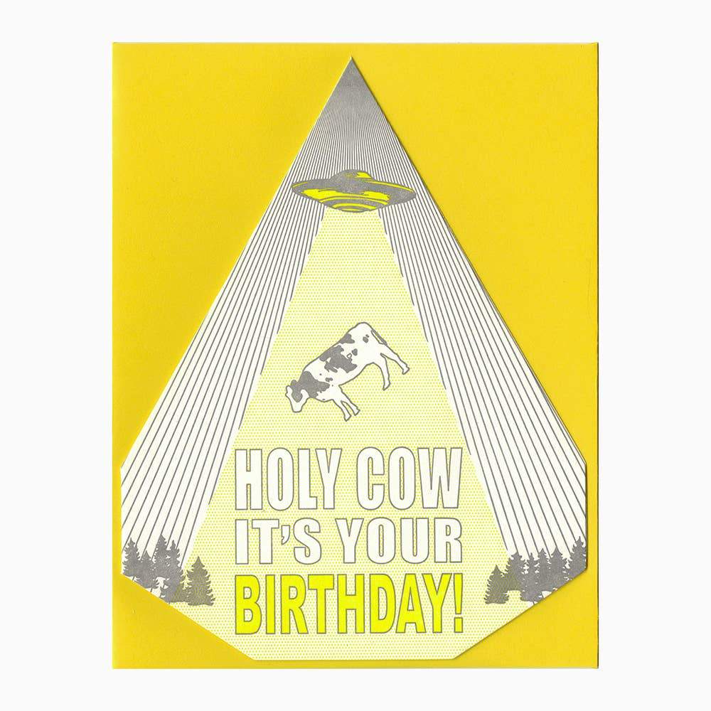 Yellow Letterpress Card with UFO and cow with holy cow it’s your birthday text - Austin Gift Shop