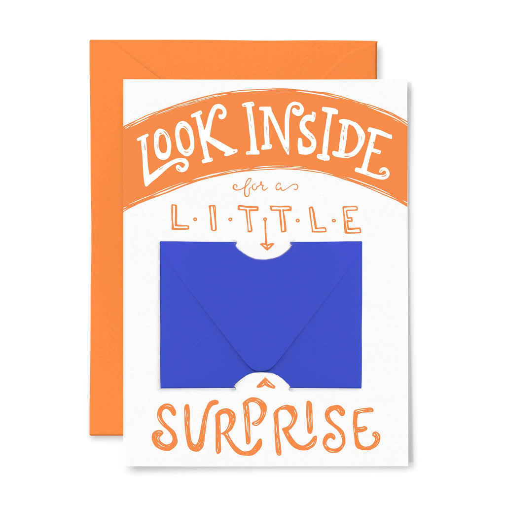 orange Letterpress Card with blue envelope & look inside for a little surprise Text- Austin Gift Shop