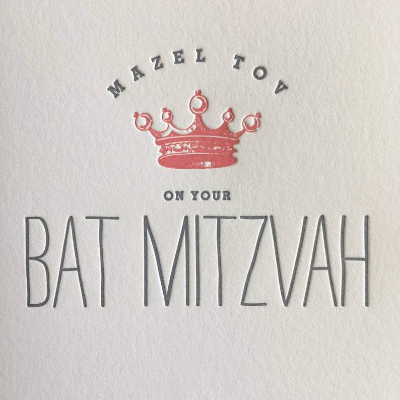 Mazel tov on your Bat Mitzvah text with pink Crown Letterpress Card - Austin Gift SHop