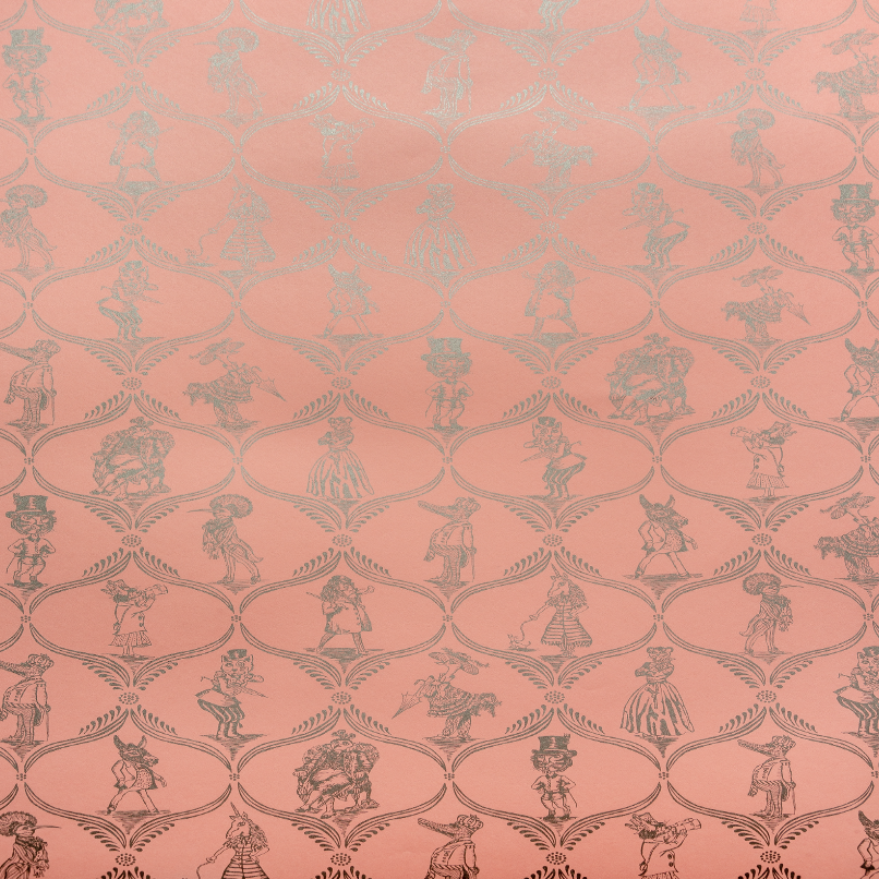 Pink Gift wrap with silver animals dressed in regal clothing in between pattern- Austin Gift Shop