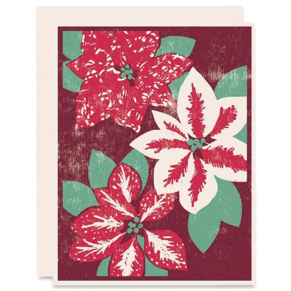 red and green Poinsettias Holiday letterpress Card - Austin GIft Shop