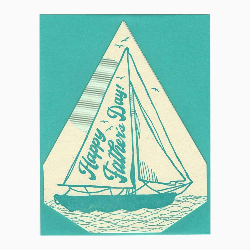 Cream with teal Letterpress card with a sail boat and happy fathers day text  - Austin Gift Shop