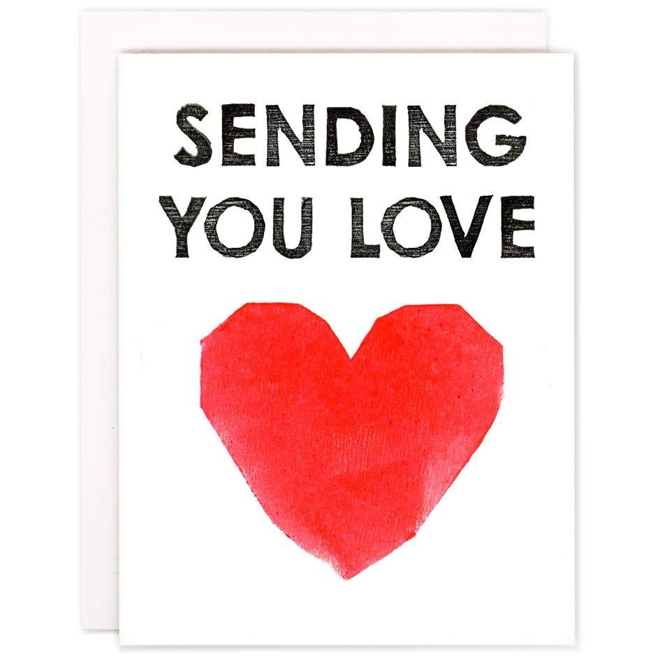 White and red Sending You Love text with Heart letterpress Card - Austin Gift Shop