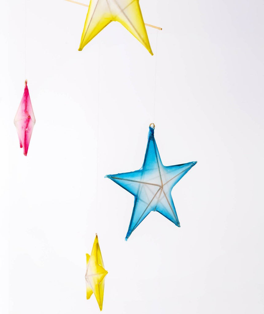 Yellow pink and blue paper Silk Star Mobile - Austin Gift Shop - Close View
