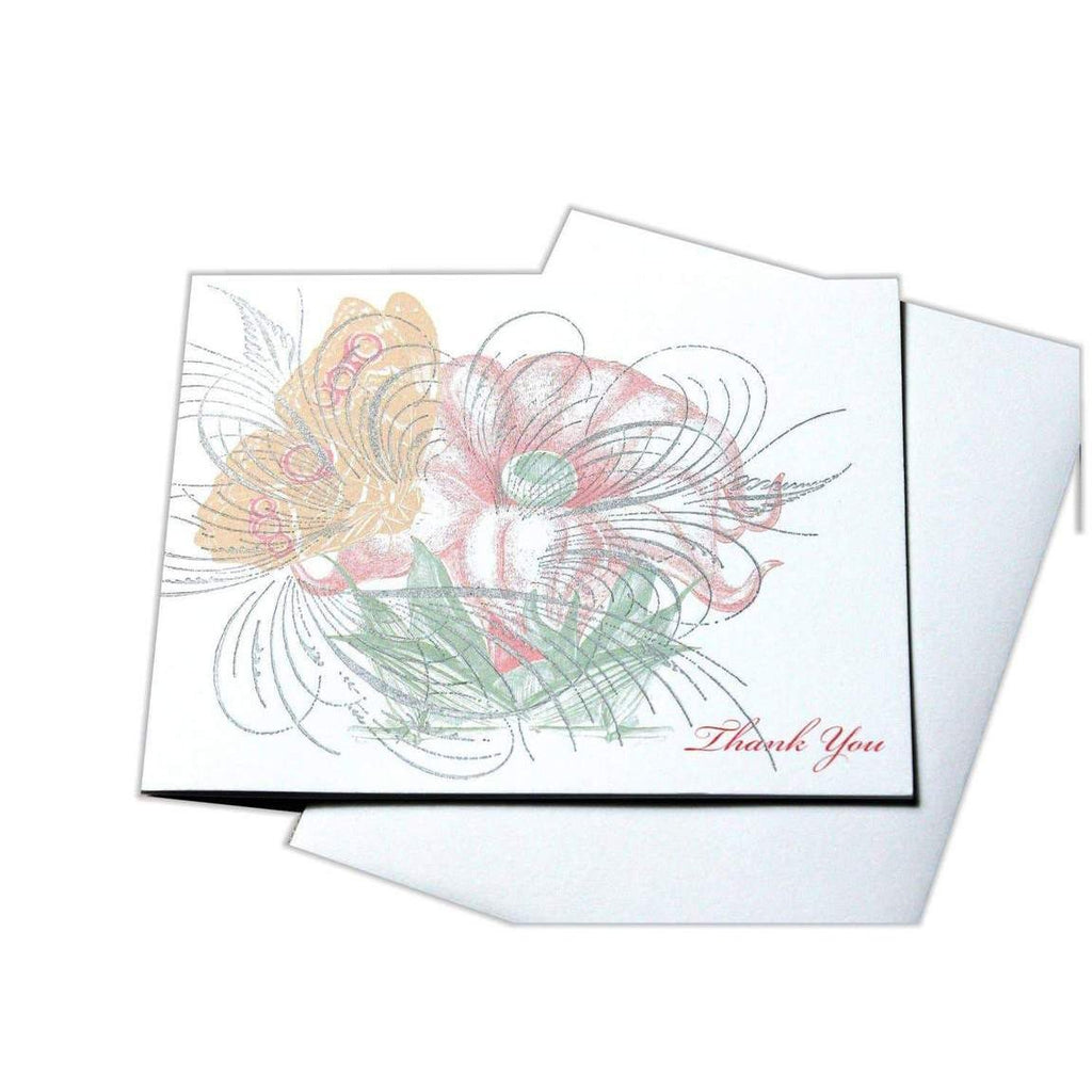 Thank You Text Flower and Butterfly Blank Letterpress Card - Austin Gift Shop