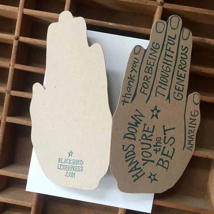Letterpress thank you card with a hand and hands down you’re the best text - open - Austin Gift Shop