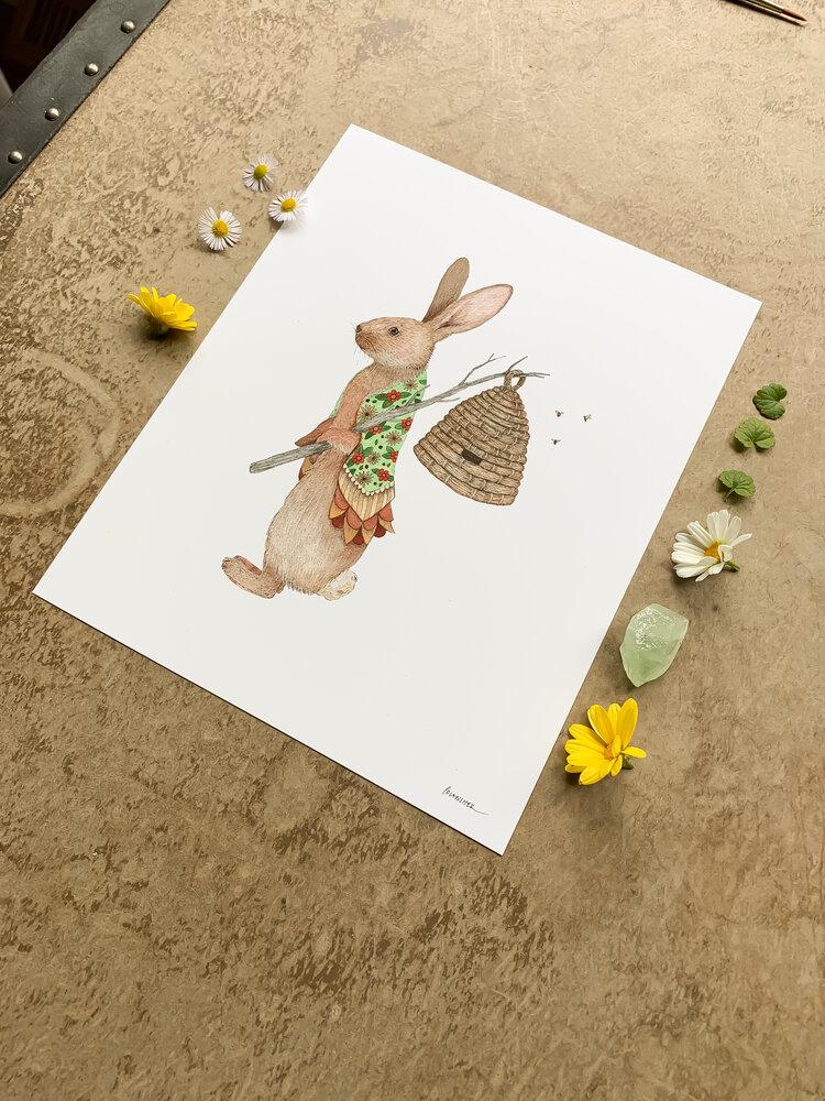 Philip the bunny rabbit and the hitchhiking Bee Hive Print - 8 x 10 - Austin Gift Shop - Angled View