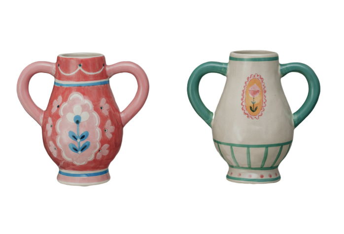 Hand-Painted Stoneware Urn w/ Flower & Handles - 2 Styles