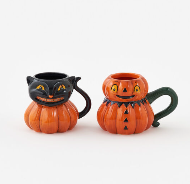 Halloween Mugs, Black Cat & Jack-o-lantern
