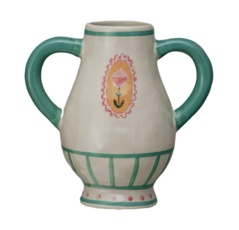 Hand-Painted Stoneware Urn w/ Flower & Handles - 2 Styles