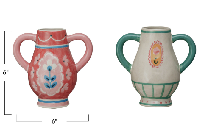 Hand-Painted Stoneware Urn w/ Flower & Handles - 2 Styles