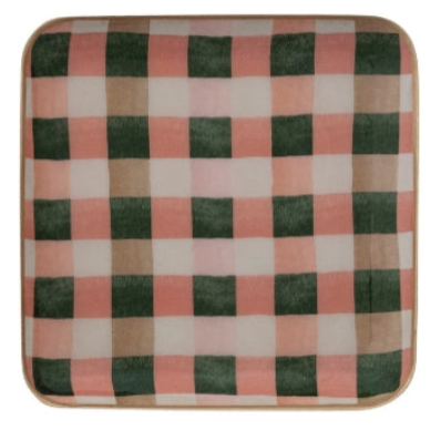 Enameled Metal Trays with checkered & Plaid Patterns & Gold Edges, 2 Styles
