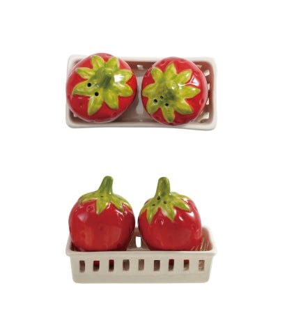 Stoneware Strawberry Shaped Salt & Pepper Shakers with Berry Basket Shaped Holder, Set of 3