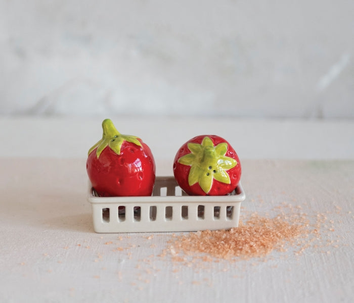 Stoneware Strawberry Shaped Salt & Pepper Shakers with Berry Basket Shaped Holder, Set of 3