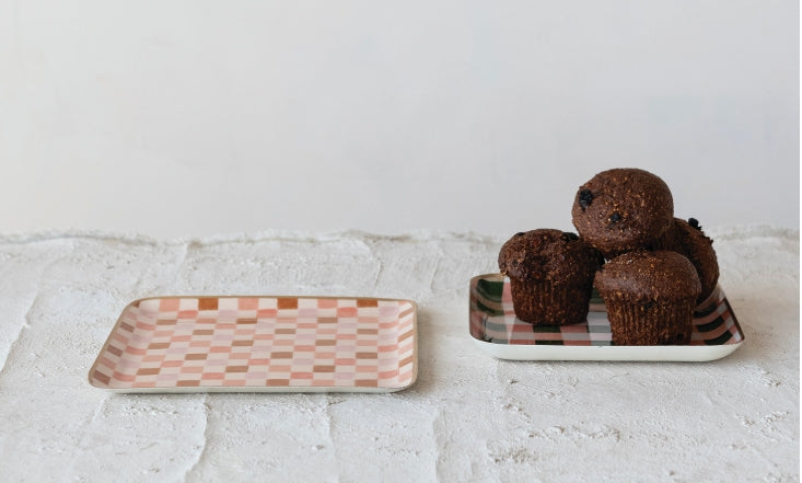 Enameled Metal Trays with checkered & Plaid Patterns & Gold Edges, 2 Styles