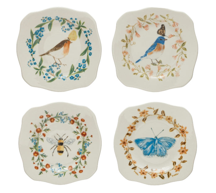 Stoneware Scalloped Plate w/ Insect/Bird & Flowers, Multi Color, 4 Styles