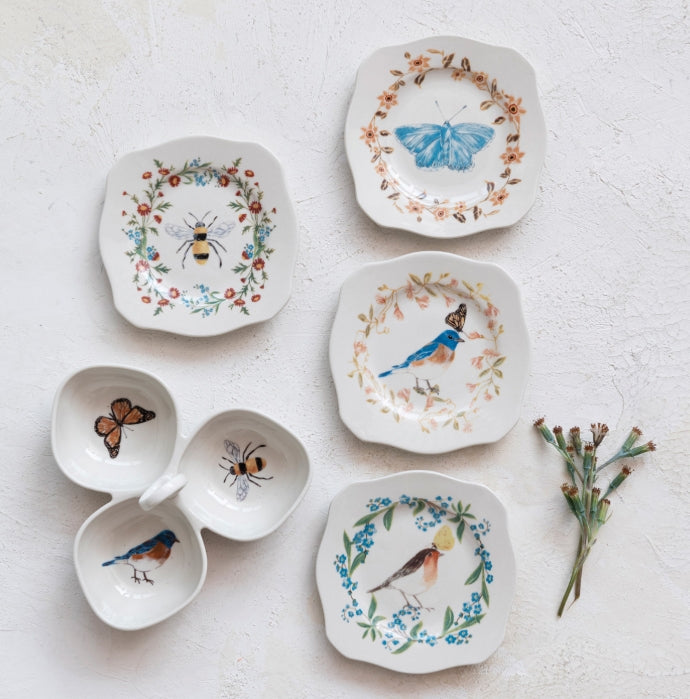 Stoneware Scalloped Plate w/ Insect/Bird & Flowers, Multi Color, 4 Styles