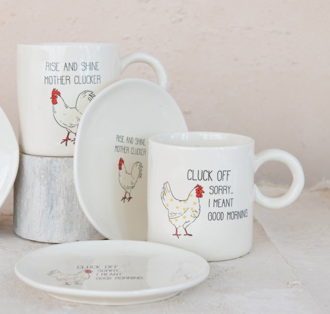 15 oz. Stoneware Mug w/ Chicken & Saying, 4 Styles