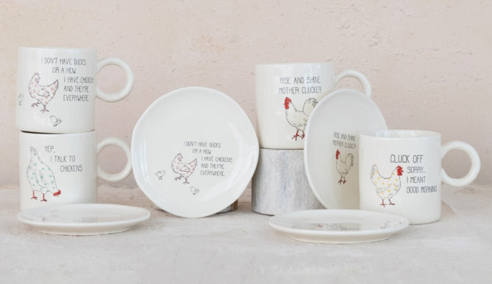 15 oz. Stoneware Mug w/ Chicken & Saying, 4 Styles