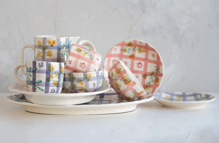 Hand-Painted Stoneware Plate with Grid Pattern & Botanicals, 2 Styles (Each One Will Vary)