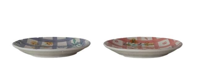 Hand-Painted Stoneware Plate with Grid Pattern & Botanicals, 2 Styles (Each One Will Vary)