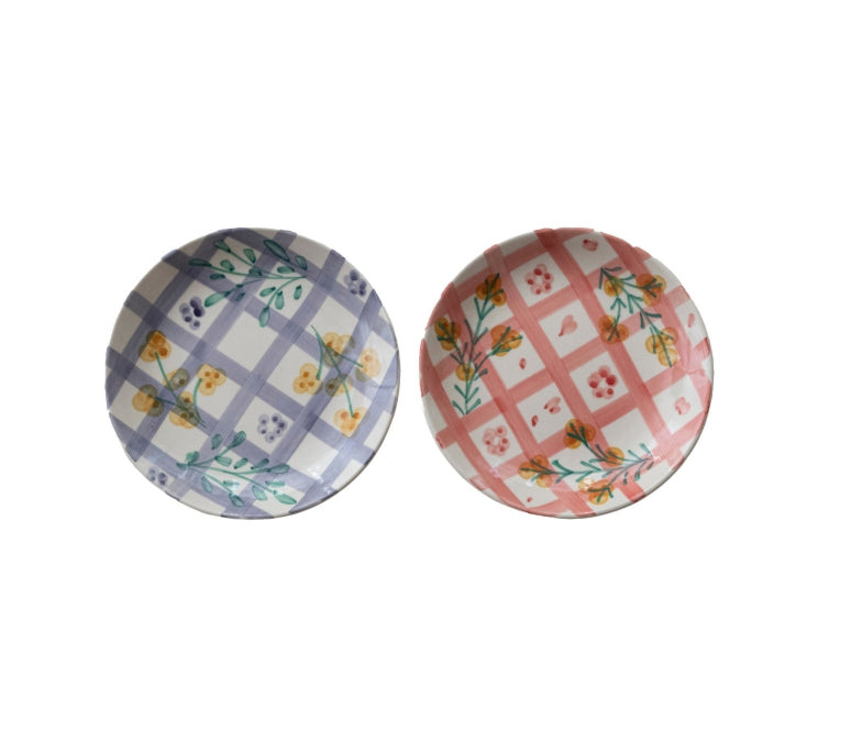 Hand-Painted Stoneware Plate with Grid Pattern & Botanicals, 2 Styles (Each One Will Vary)