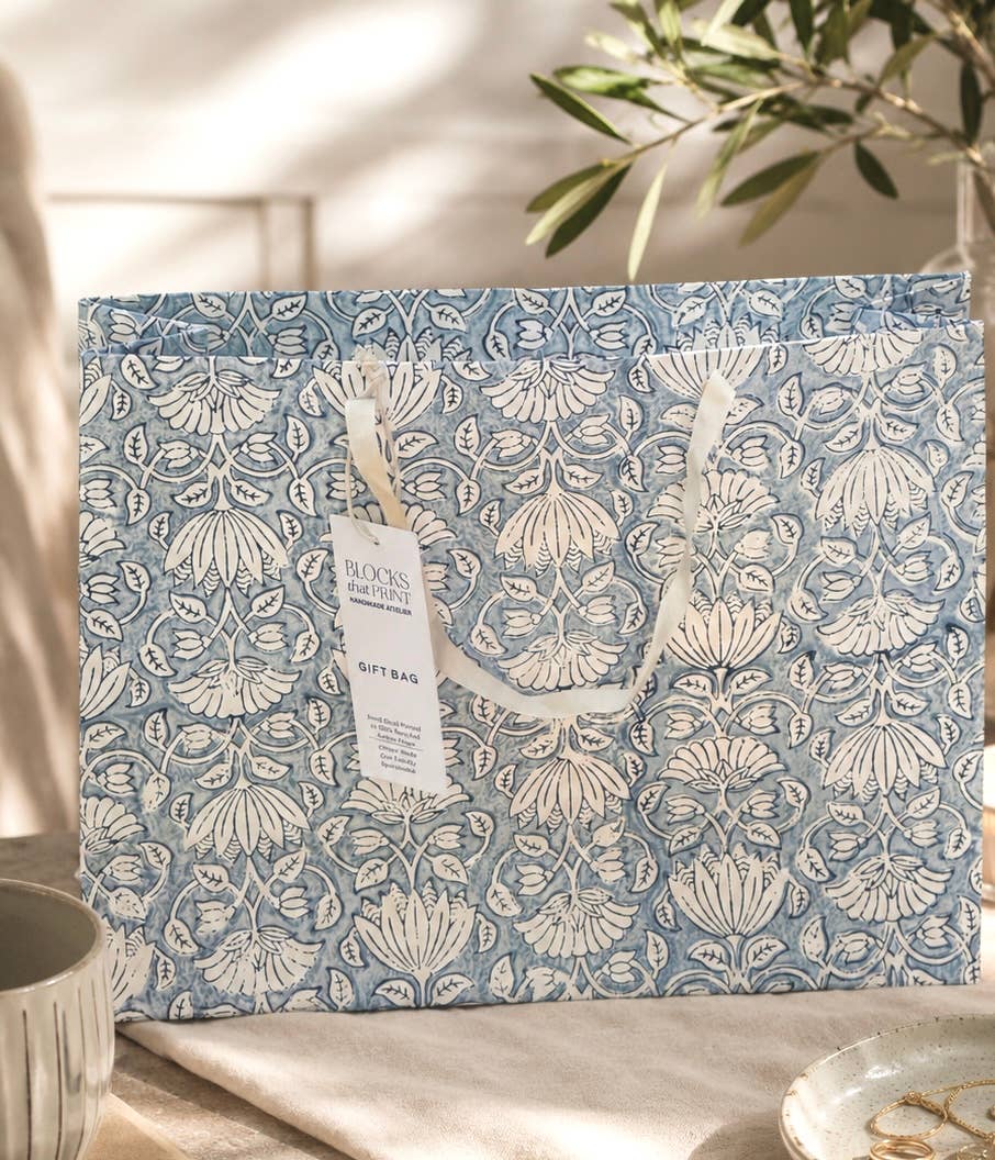 Large Lotus Blooms Hand Block Print Gift Bag