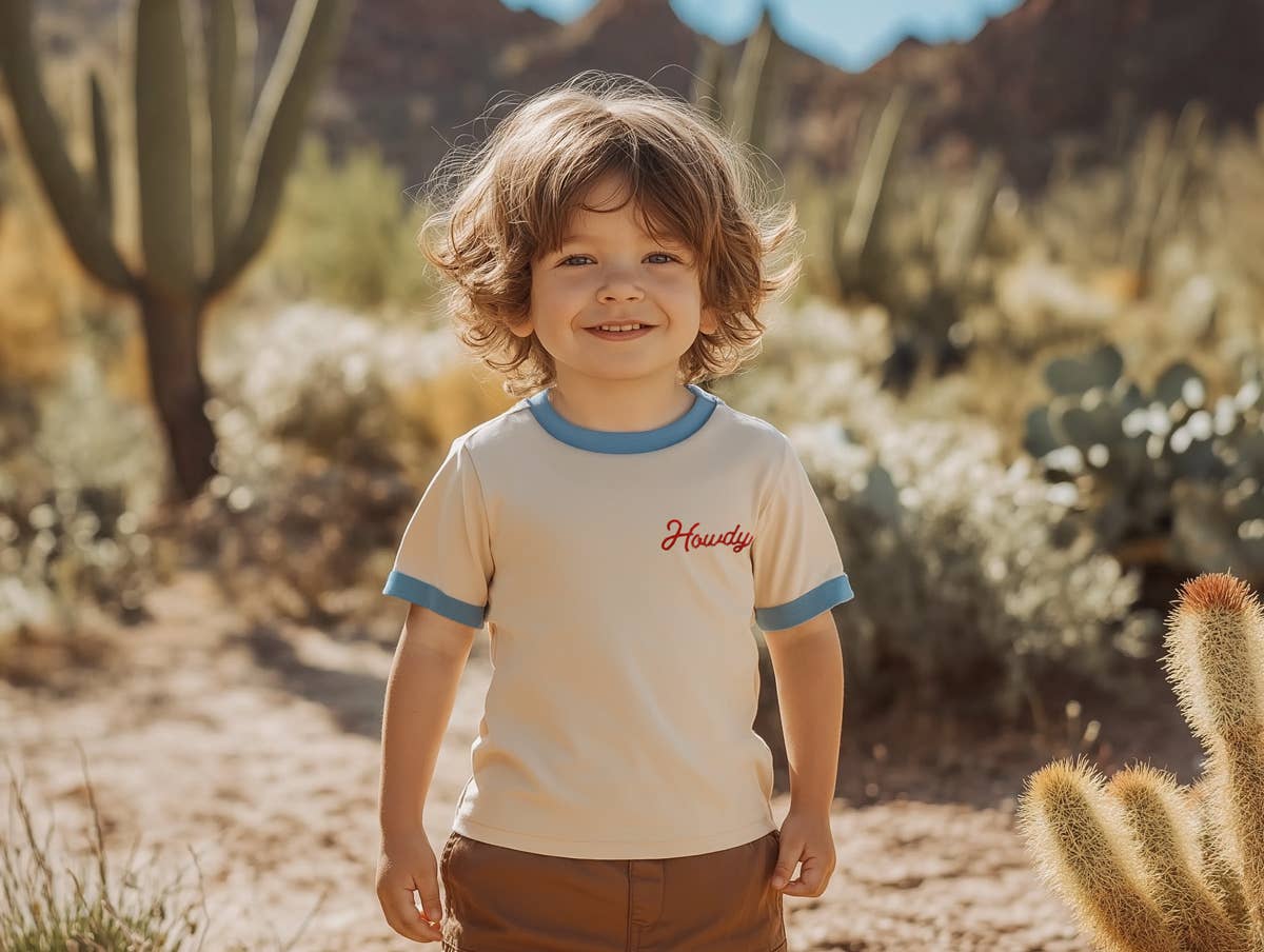 Howdy Vintage Ringer T-shirt (Youth): Beige / Blue