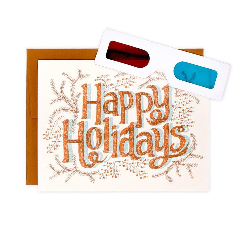 3D Happy Holidays Text and vines Letterpress card with 3D glasses - Austin Gift Shop
