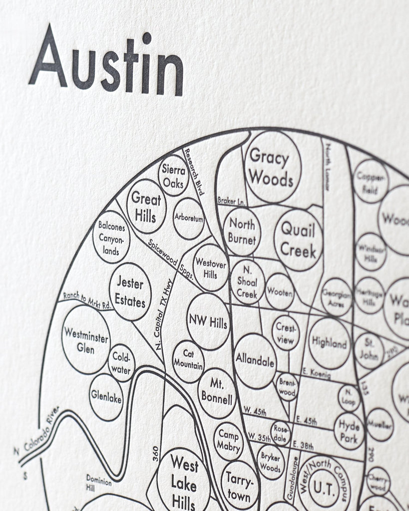 White and black letterpress of Austin Texas neighborhoods map print - close up view - Austin Gift Shop