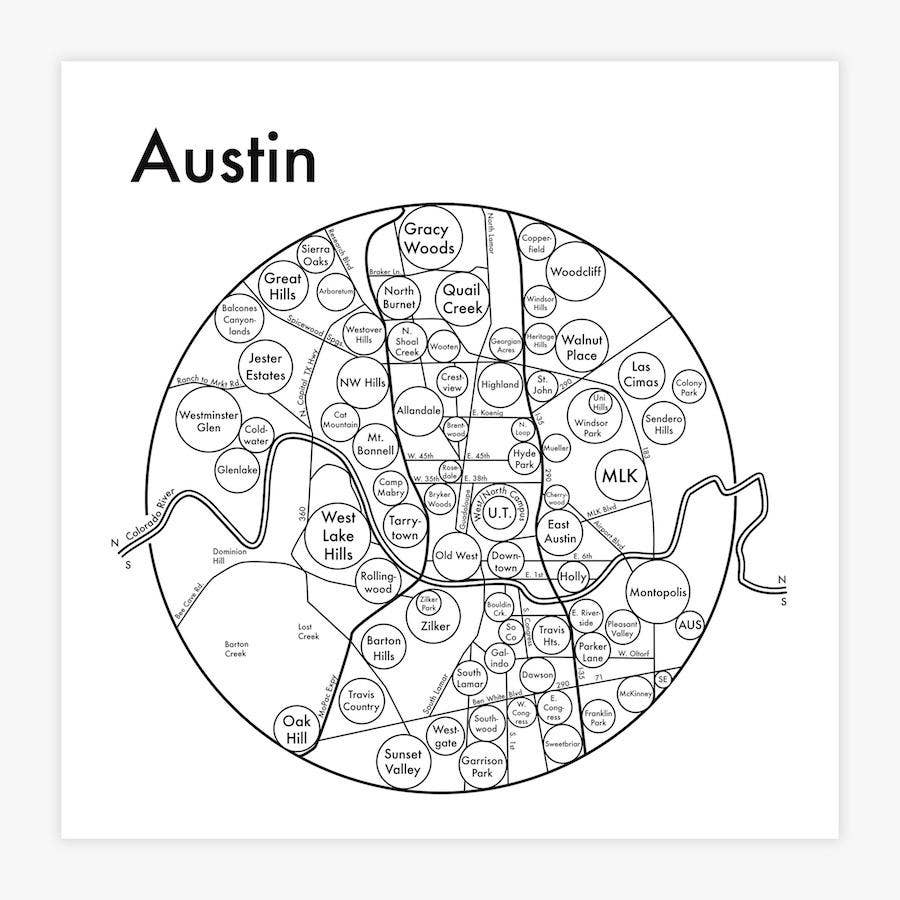White and black letterpress of Austin Texas neighborhoods map print - Austin Gift Shop