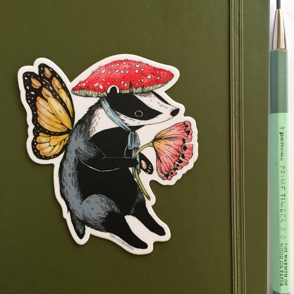 Badger Fairy with mushroom cap and pink flower Sticker - Austin Gift Shop