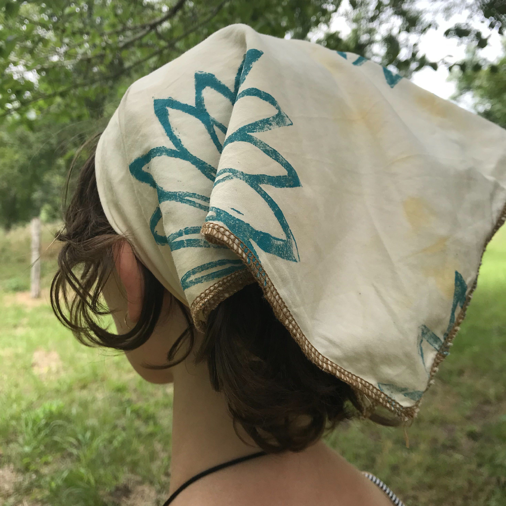 Block printed cotton bandana with yellow and green sunflower print head covering - Austin Gift Shop