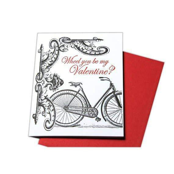 Black and white vintage bike with wheel you be my valentine text Letterpress card - Austin Gift SHop