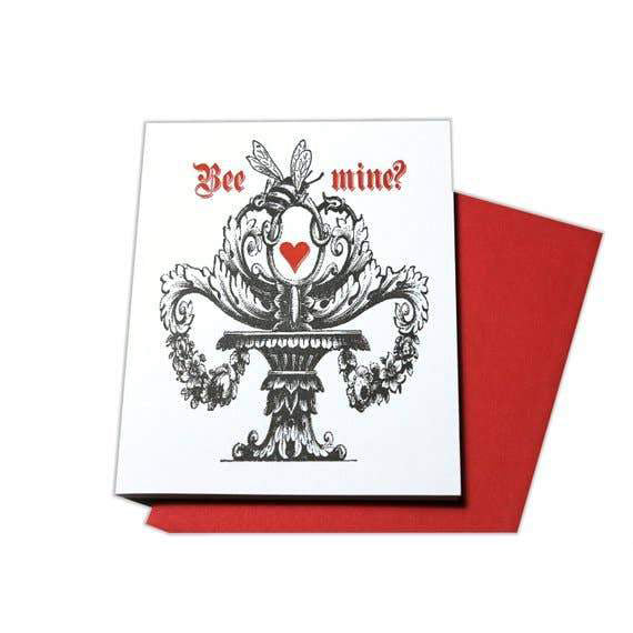 Black and white vintage fountain with a bee with Bee mine text letterpress valentine card - Austin Gift Shop