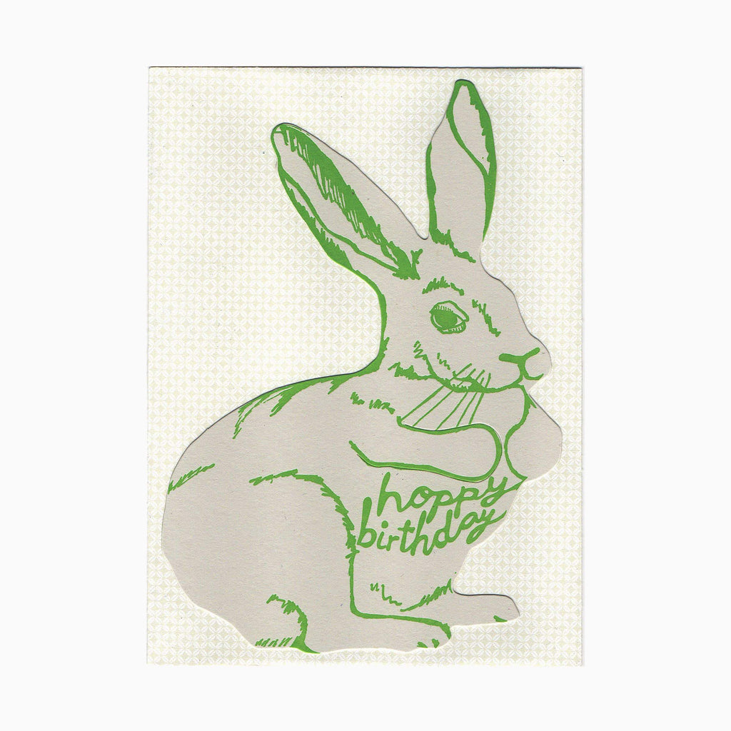 Green and grey Bunny shaped Letterpress Birthday Card With Hoppy Birthday Text - Austin Gift Shop