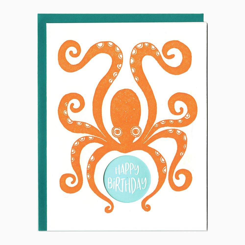 Orange and blue Letterpress Card with an octopus and Happy Birthday text  - Austin Gift Shop