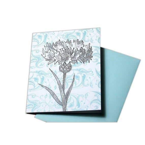 light blue letterpress card with black and white flower letterpress card - Austin Gift SHop