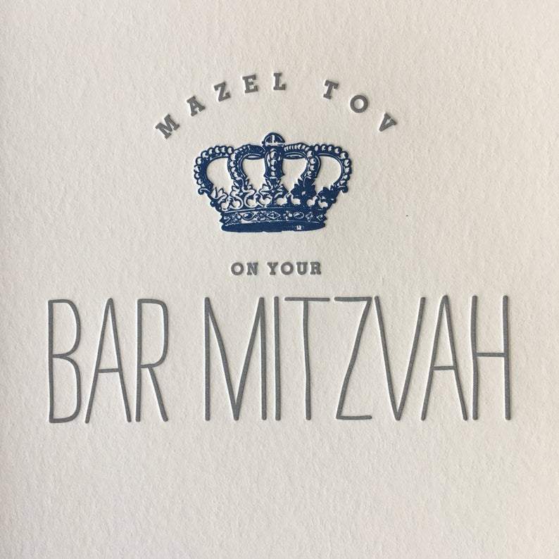 Mazel Tov on your Bar Mitzvah Text with Blue Crown Letterpress Card - Austin Gift Shop - Zoom