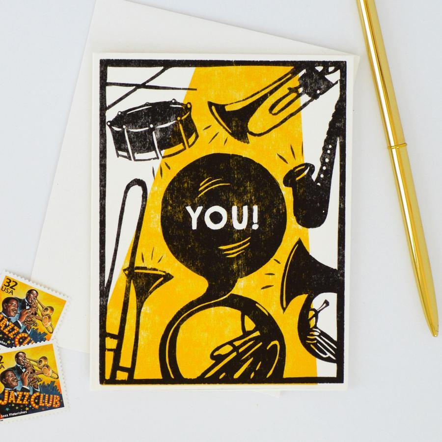 Yellow and black brass band Letterpress card with You! Text - sixe view - Austin Gift Shop