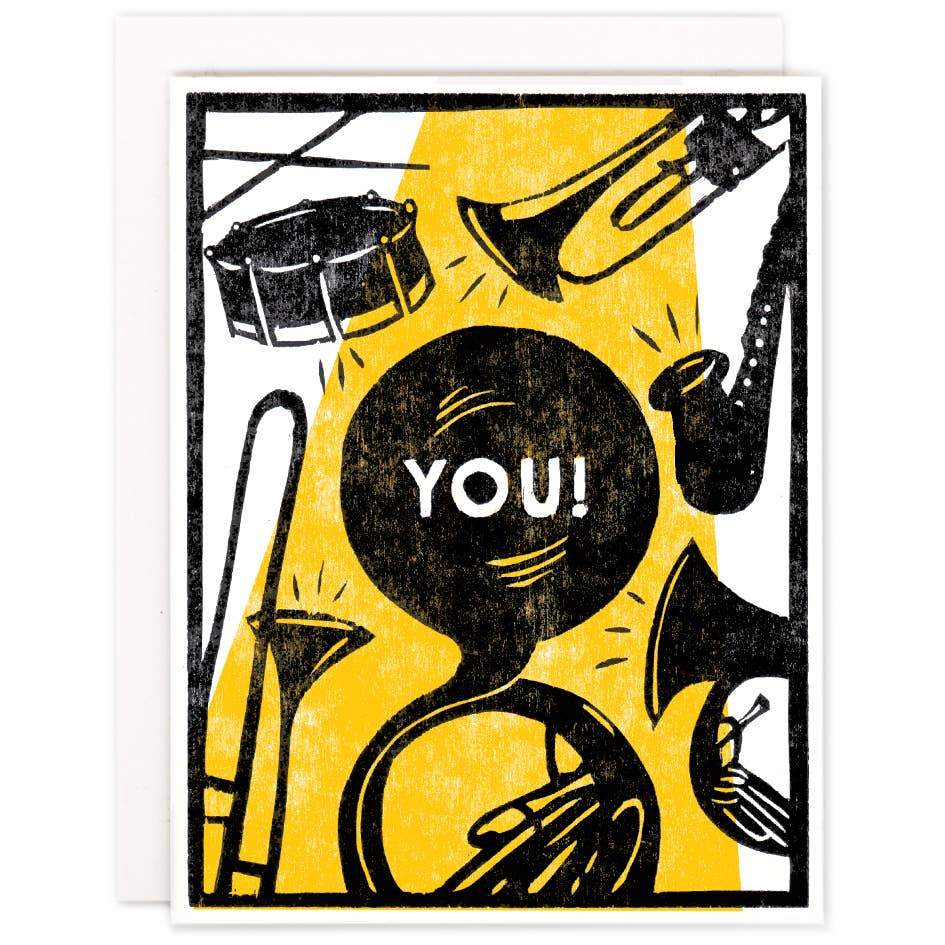 Yellow and black brass band Letterpress card with You! Text - Austin Gift Shop