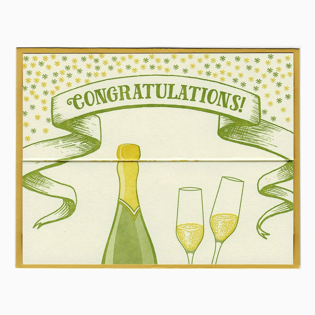 Green and yellow Letterpress Card with champagne bottle and congratulations text - Austin Gift Shop