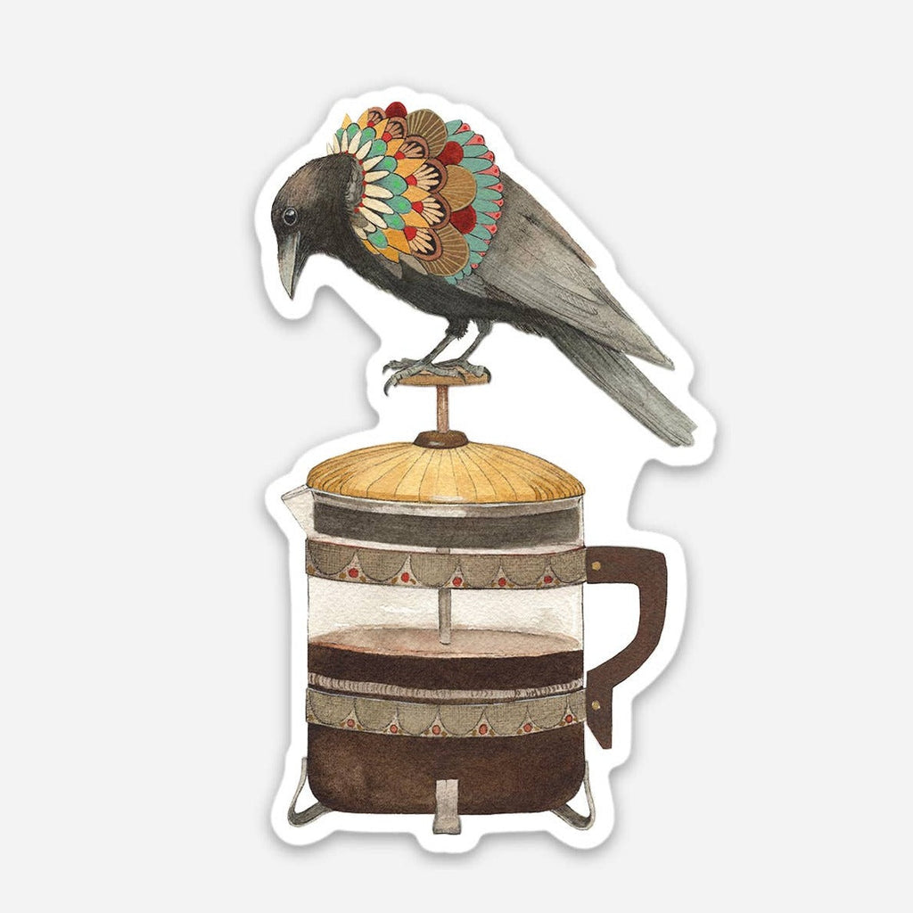 Caped colorful Crow on French Press Coffee Vinyl Sticker - Austin Gift Shop