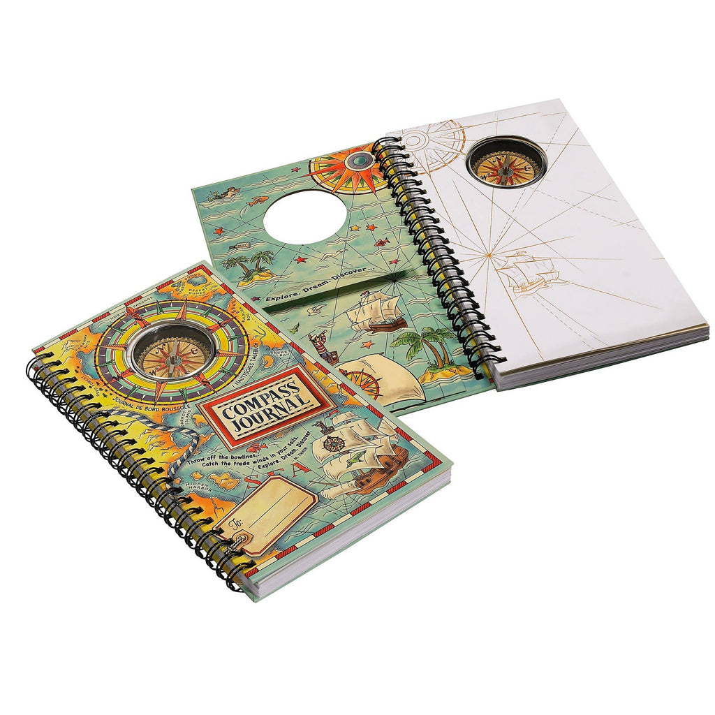 Compass and spiral journal in one with vintage nautical images on hardcovers - Austin Gift Shop