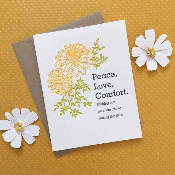 Yellow and green Dahlia flower Peace Love Comfort wishing you all text letterpress card - Austin Gift Shop