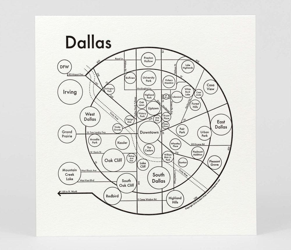 Black and white letterpress map print of Dallas Texas Neighborhoods using circles - Austin Gift Shop