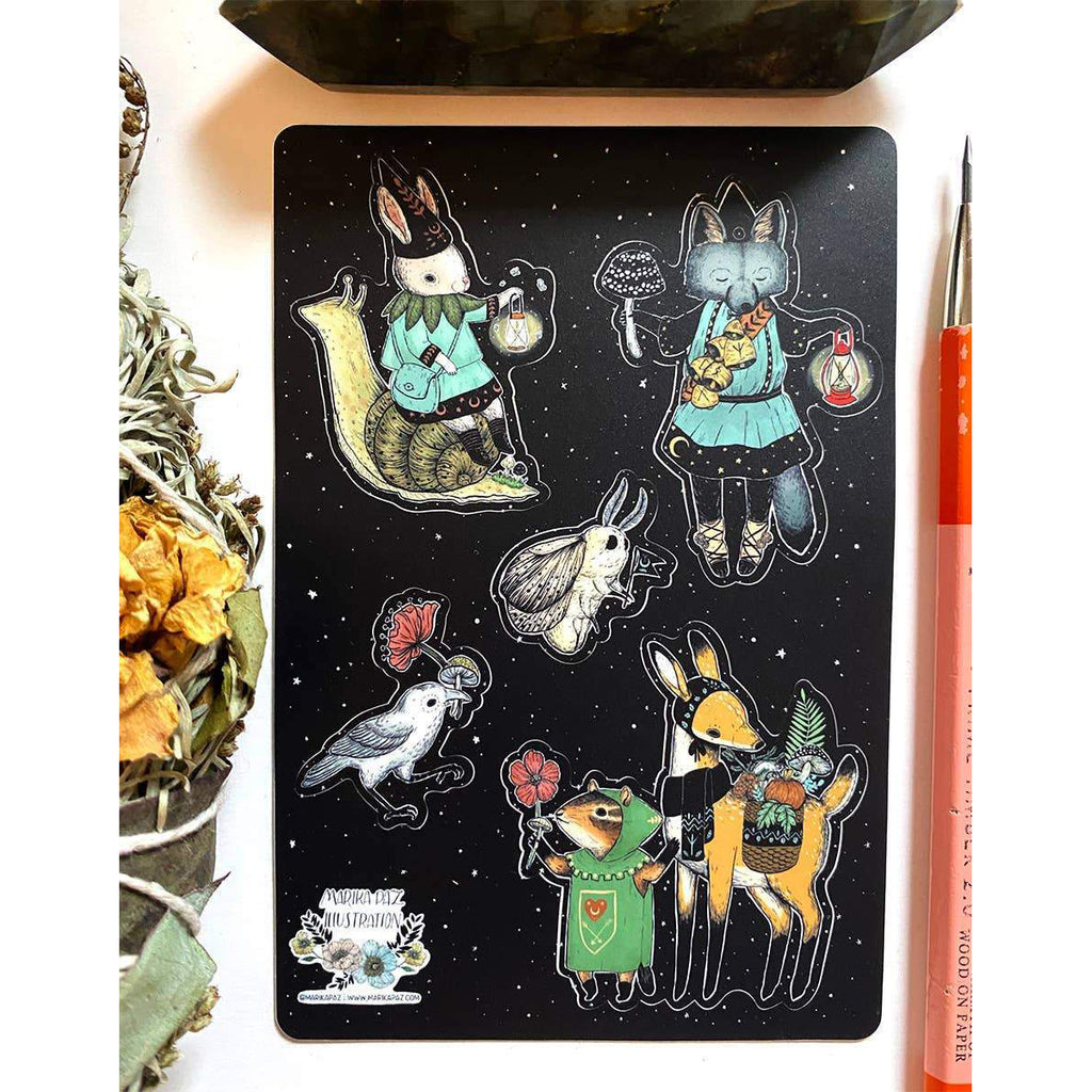 Black forest animals holding flowers and lanterns Dark Mage Sticker Sheet - Austin Gift Shop